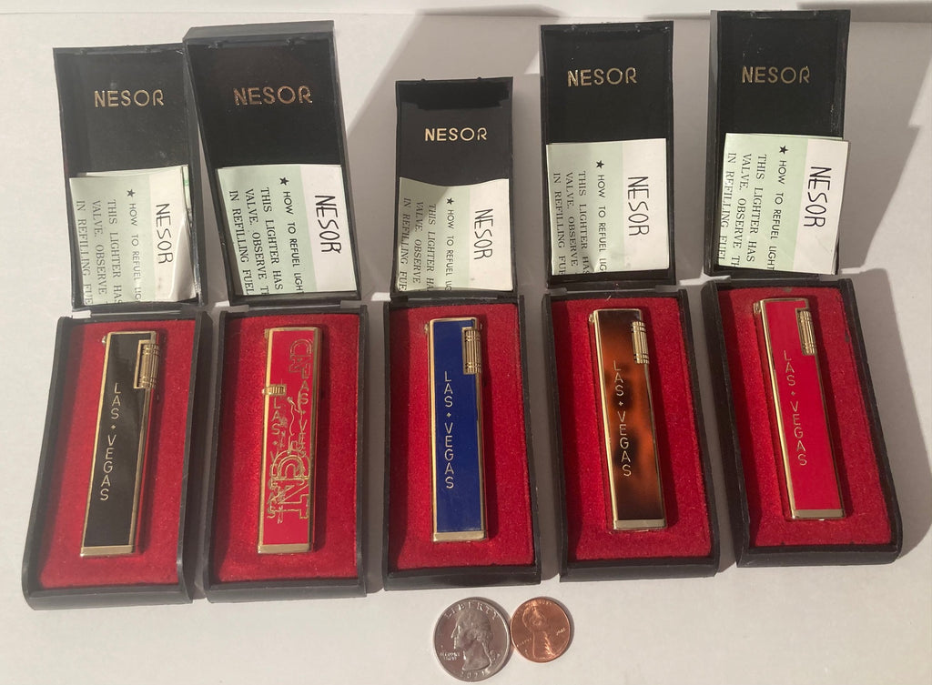 Lot of 5 Vintage Metal Lighters, Nesor, Las Vegas, Cigarettes, More, New Old Stock,