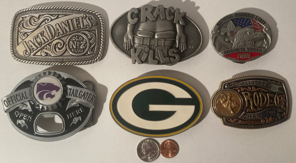 Vintage Lot of 6 Assorted Different Belt Buckles, Jack Daniels, Green Bay Packers, Country & Western, Western Wear, Resell, For Belts, Fashion, Shelf Display, Nice Belt Buckles, Wholesale, Shipping in the U.S