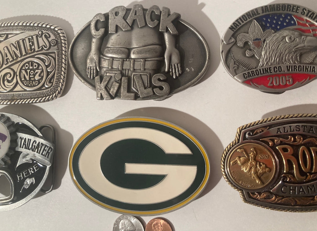 Vintage Lot of 6 Assorted Different Belt Buckles, Jack Daniels, Green Bay Packers, Country & Western, Western Wear, Resell, For Belts, Fashion, Shelf Display, Nice Belt Buckles, Wholesale, Shipping in the U.S