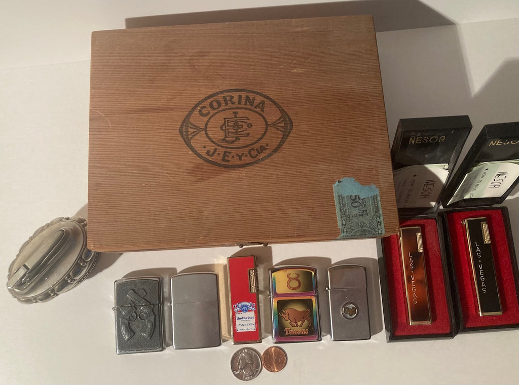 Vintage Lot of 8 Metal Lighters And A Cigar Box, Nesor, Las Vegas, Zippo, Budweiser, Table Lighter, Cigarettes, More