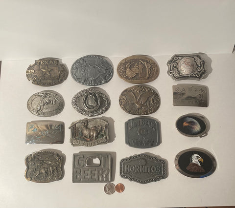 Vintage Lot of 16 Assorted Different Belt Buckles, Texas, Horse, Jim Beam, Country & Western, Western Wear, Resell, For Belts, Fashion, Shelf Display, Nice Belt Buckles, Wholesale, Shipping in the U.S.