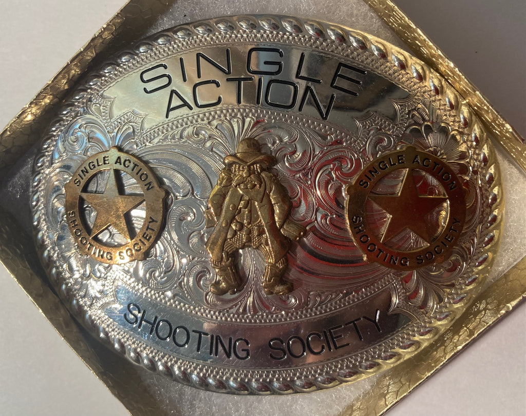 Vintage Metal Belt Buckle, German Silver and Brass, Single Action, Shooting Society, Rodeo, Cowboy, Nice Western Style Design, 4" x 3", Heavy Duty, Quality, Thick Metal, For Belts, Fashion, Shelf Display, Western Wear, Southwest, Country, Fun, Nice