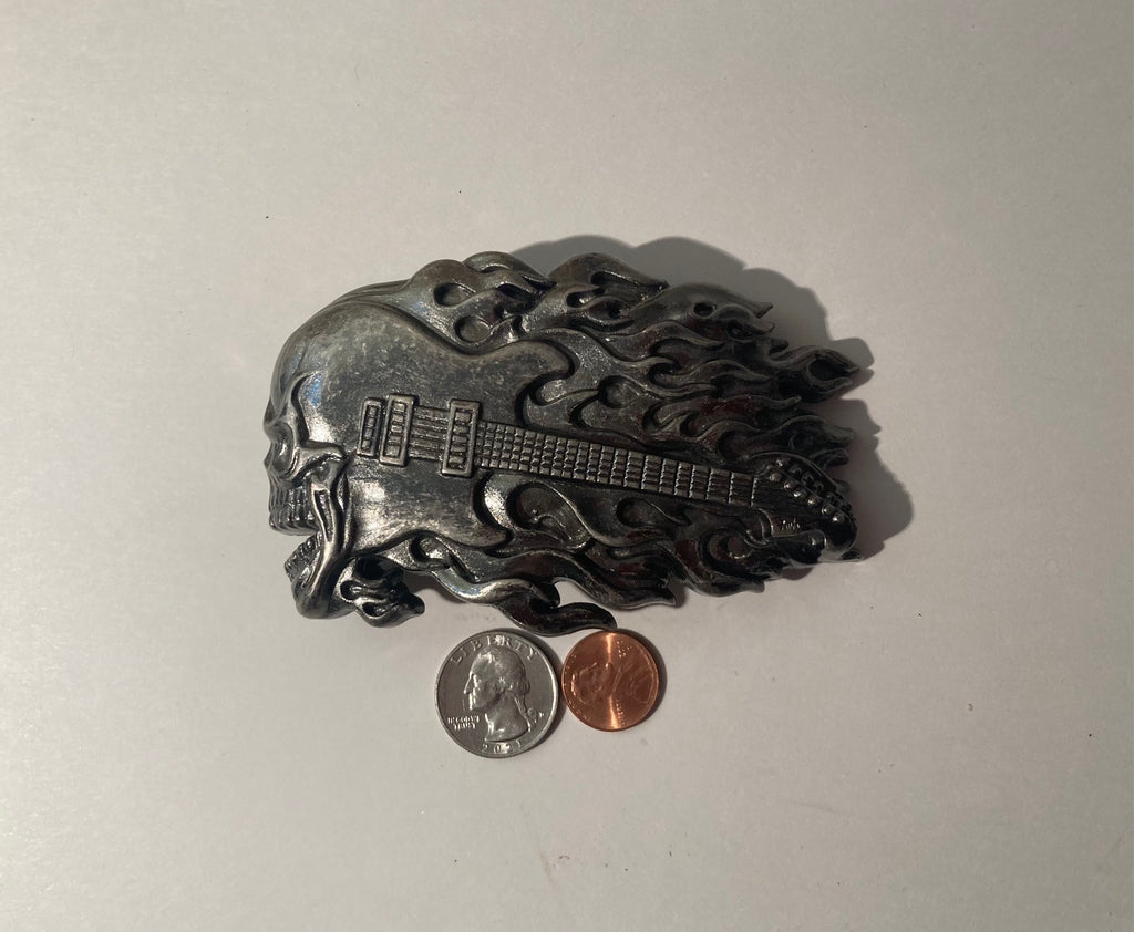 Vintage Metal Belt Buckle, Guitar, Skull, Music, Nice Western Style Design, 4 1/2" x 2 3/4", Heavy Duty, Quality, Made in USA, Thick Metal, For Belts, Fashion, Shelf Display, Western Wear, Southwest, Country, Fun, Nice