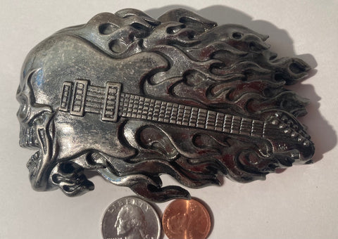 Vintage Metal Belt Buckle, Guitar, Skull, Music, Nice Western Style Design, 4 1/2" x 2 3/4", Heavy Duty, Quality, Made in USA, Thick Metal, For Belts, Fashion, Shelf Display, Western Wear, Southwest, Country, Fun, Nice