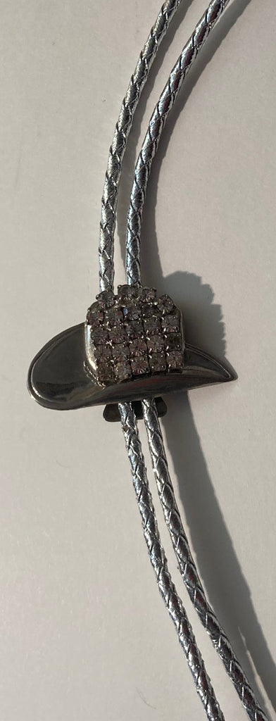 Vintage Metal Bolo Tie, Silver, Nice Crystals, Cowboy Hat, Rodeo, Sombrero, 2" x 1", Nice Western Design, Quality, Heavy Duty, Made in USA, Country & Western, Cowboy, Western Wear, Horse, Apparel, Accessory, Tie, Nice Quality Fashion