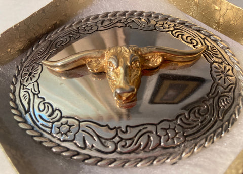 Vintage Metal Belt Buckle, Longhorn, Bull, Rodeo, Cowboy, Nice Western Style Design, 3 1/2" x 2 3/4", Heavy Duty, Quality, Thick Metal, For Belts, Fashion, Shelf Display, Western Wear, Southwest, Country, Fun, Nice