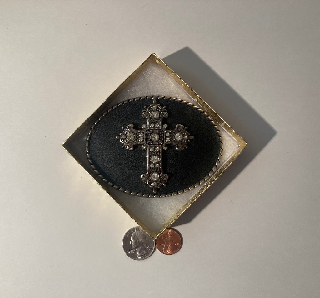 Vintage Metal Belt Buckle, Leather, Cross, Crucifix, Gothic, Crystal Stones, Nice Western Style Design, 3 3/4" x 2 3/4", Heavy Duty, Quality, Made in USA, Thick Metal, For Belts, Fashion, Shelf Display, Western Wear, Southwest, Country, Fun, Nice