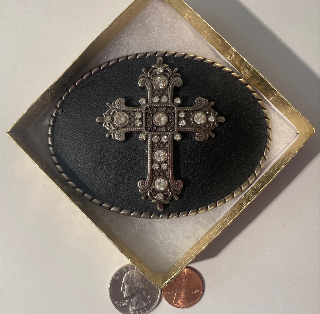 Vintage Metal Belt Buckle, Leather, Cross, Crucifix, Gothic, Crystal Stones, Nice Western Style Design, 3 3/4" x 2 3/4", Heavy Duty, Quality, Made in USA, Thick Metal, For Belts, Fashion, Shelf Display, Western Wear, Southwest, Country, Fun, Nice