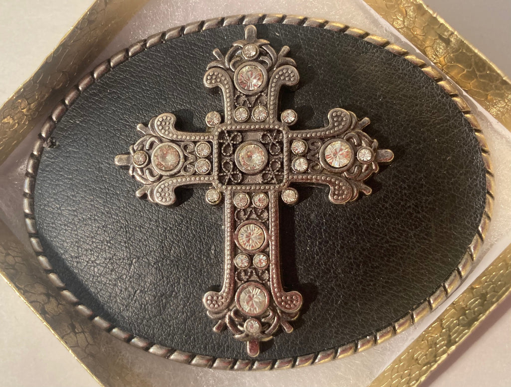 Vintage Metal Belt Buckle, Leather, Cross, Crucifix, Gothic, Crystal Stones, Nice Western Style Design, 3 3/4" x 2 3/4", Heavy Duty, Quality, Made in USA, Thick Metal, For Belts, Fashion, Shelf Display, Western Wear, Southwest, Country, Fun, Nice