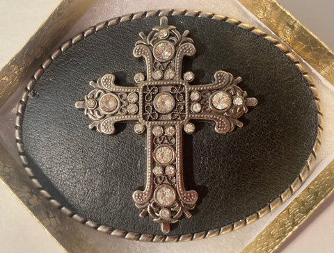 Vintage Metal Belt Buckle, Leather, Cross, Crucifix, Gothic, Crystal Stones, Nice Western Style Design, 3 3/4" x 2 3/4", Heavy Duty, Quality, Made in USA, Thick Metal, For Belts, Fashion, Shelf Display, Western Wear, Southwest, Country, Fun, Nice