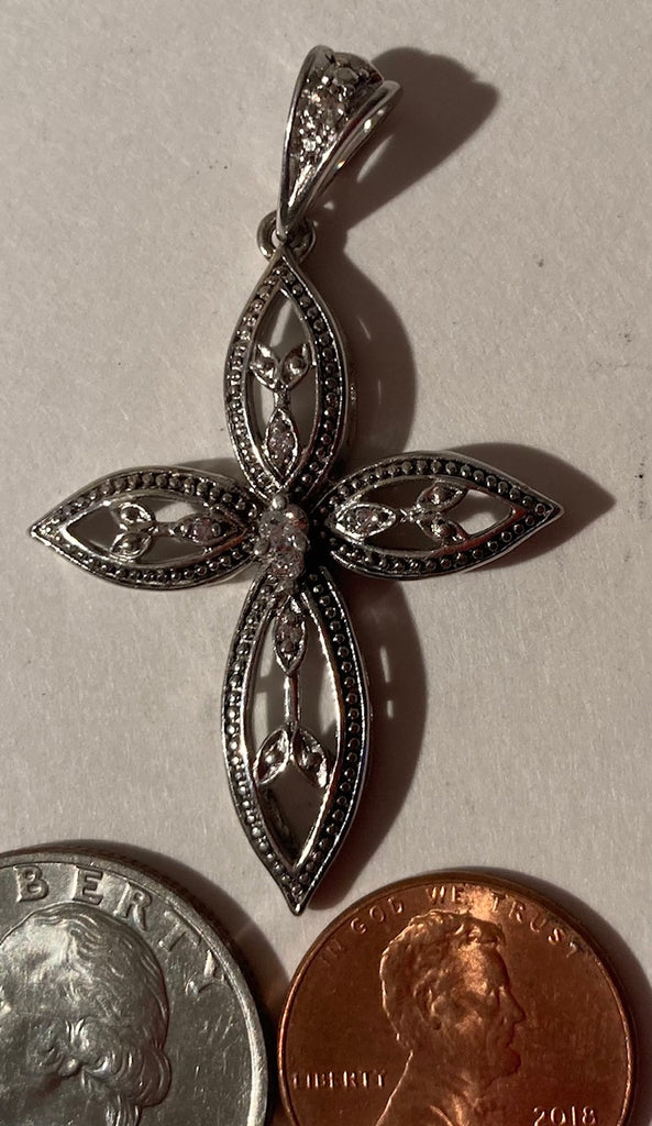 Vintage Sterling Silver 925 Metal Pendant, Charm, Cross, Religious, Crucifix, Gothic, Church, Nice Sparkly Stone, Nice Design, 1 1/2" x 1 1/4", Pendant for Necklace, Bracelet, Ankle, Fashion, Quality, Precious Metal, Nice, Heavy Duty
