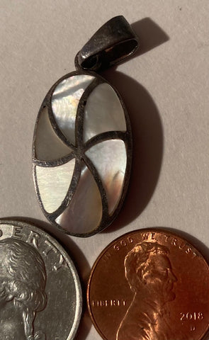 Vintage Sterling Silver 925 Metal Pendant, Charm, Mother Of Pearl, Nice Design, 1" x 1/2", Pendant for Necklace, Bracelet, Ankle, Fashion, Quality, Precious Metal, Nice, Heavy Duty
