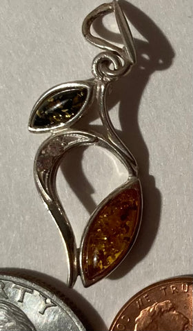 Vintage Sterling Silver 925 Metal Pendant, Charm, Orange, Brown and Clean Stones, Nice Design, 1" x 1/2", Pendant for Necklace, Bracelet, Ankle, Fashion, Quality, Precious Metal, Nice, Heavy Duty,