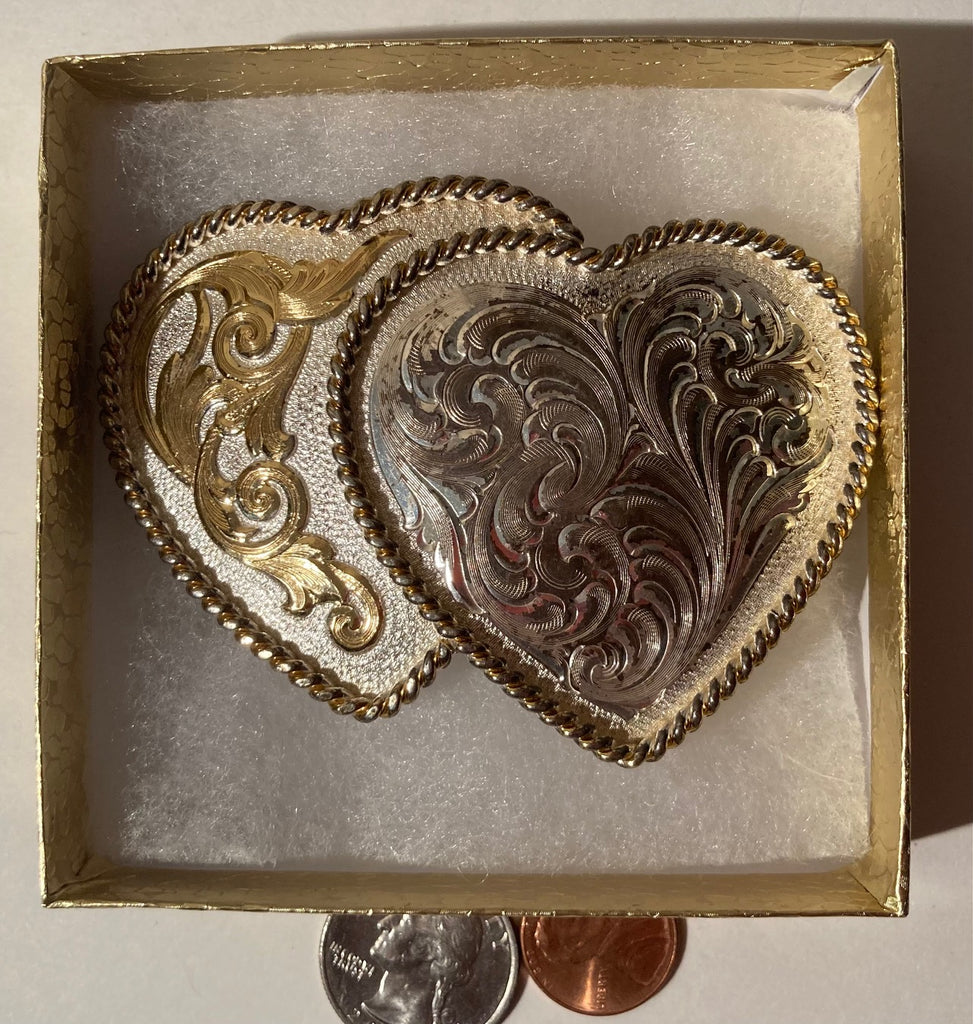 Vintage Metal Belt Buckle, Silver and Brass, Double Heart Design, Montana Silversmiths