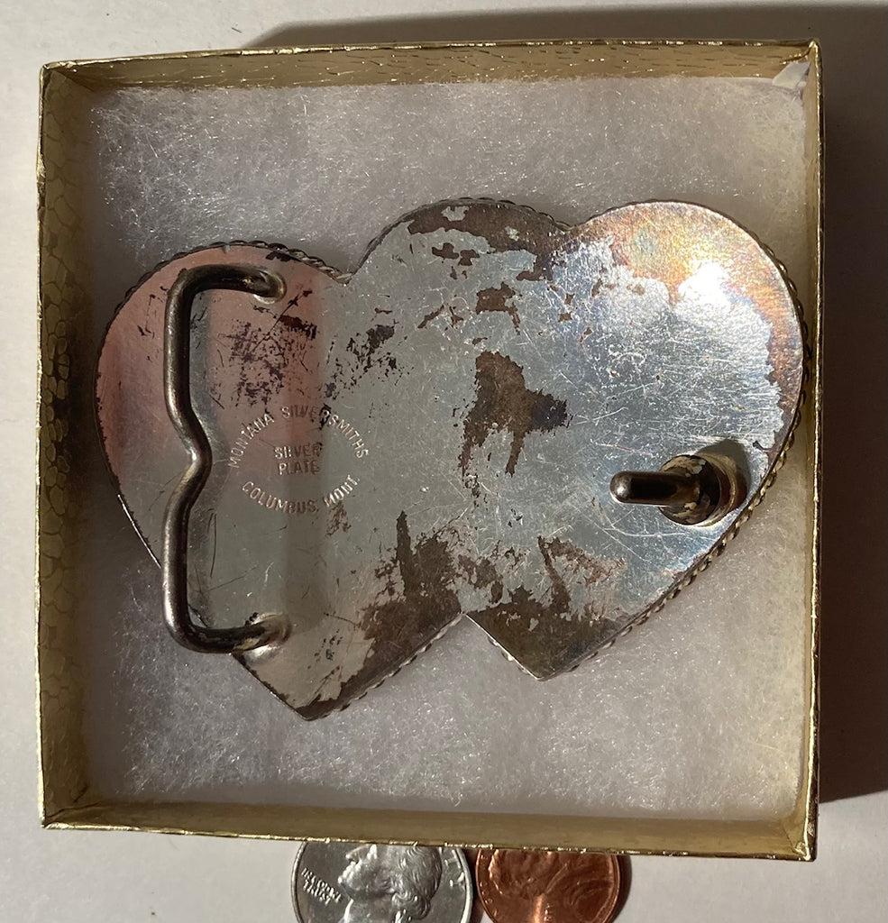Vintage Metal Belt Buckle, Silver and Brass, Double Heart Design, Montana Silversmiths