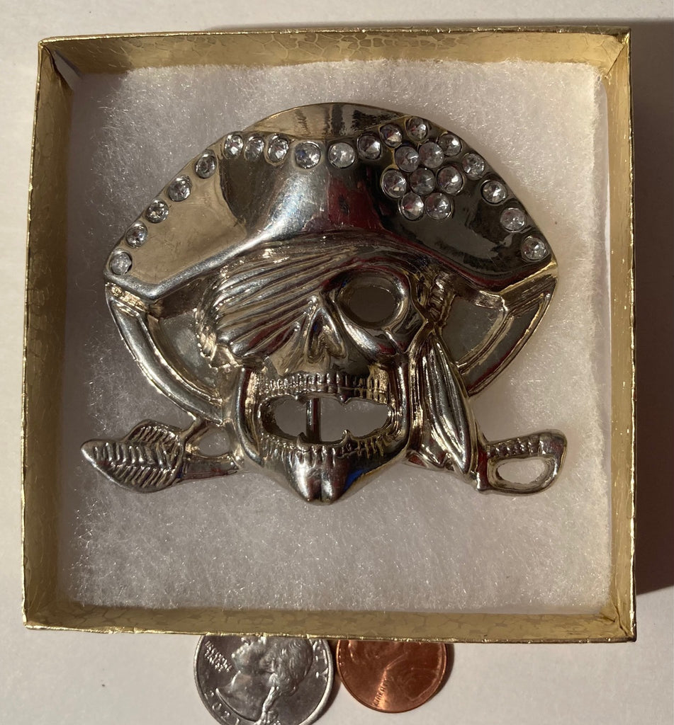 Vintage Metal Belt Buckle, Pirate, Captain Hook, Stones, Nice Western Style Design, 3" x 2 1/2", Heavy Duty, Quality, Made in USA, Thick Metal, For Belts, Fashion, Shelf Display, Western Wear, Southwest, Country, Fun, Nice,
