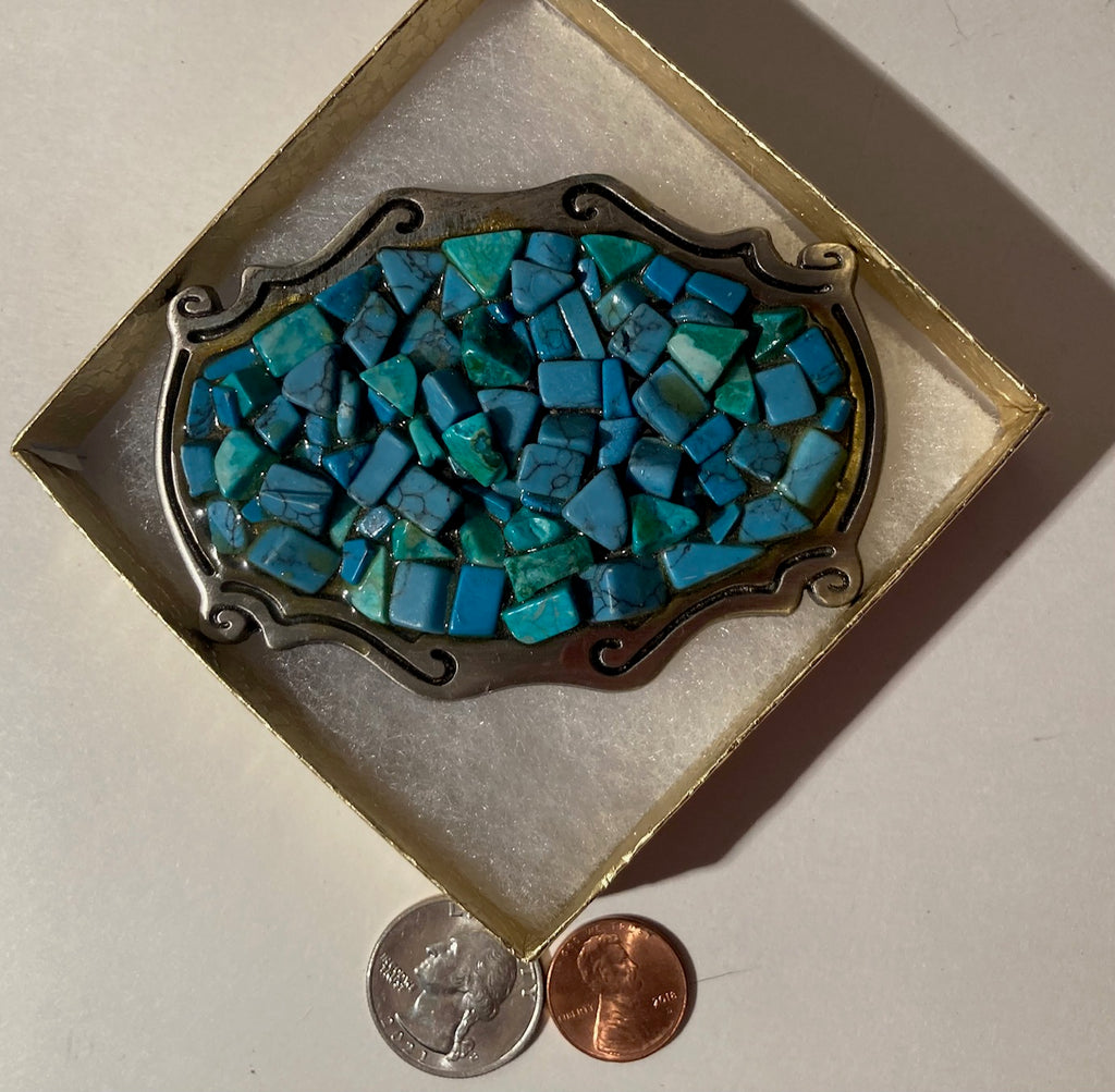 Vintage Metal Belt Buckle, Turquoise Design, Blue Stones, Nice Western Style Design, 3 1/2" x 2 1/2", Heavy Duty, Quality, Made in USA, Thick Metal, For Belts, Fashion, Shelf Display, Western Wear, Southwest, Country, Fun, Nice