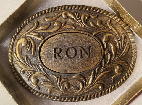 Vintage 1977 Metal Belt Buckle, Brass, Ron, Ronald, Ronny, Ronnie, Nice Western Style Design, 3 1/2" x 2 3/4", Heavy Duty, Quality, Made in USA, Thick Metal, For Belts, Fashion, Shelf Display, Western Wear, Southwest, Country, Fun, Nice,