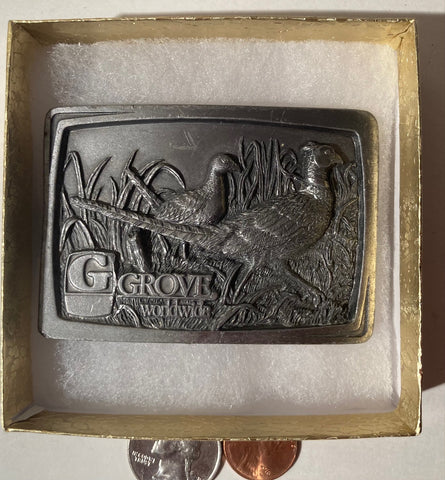 Vintage 1993 Metal Belt Buckle, Grove Worldwide, Pheasants, Nature, Wildlife, Nice Western Style Design, 3" x 2", Heavy Duty, Quality, Made in USA, Thick Metal, For Belts, Fashion, Shelf Display, Western Wear, Southwest, Country, Fun, Nice