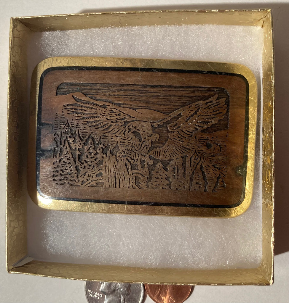 Vintage Metal Belt Buckle, Brass and Wood, Eagle, Nature, Wildlife, Nice Western Style Design, 3 1/4" x 2 1/4", Heavy Duty, Quality, Made in USA, Thick Metal, For Belts, Fashion, Shelf Display, Western Wear, Southwest, Country, Fun, Nice