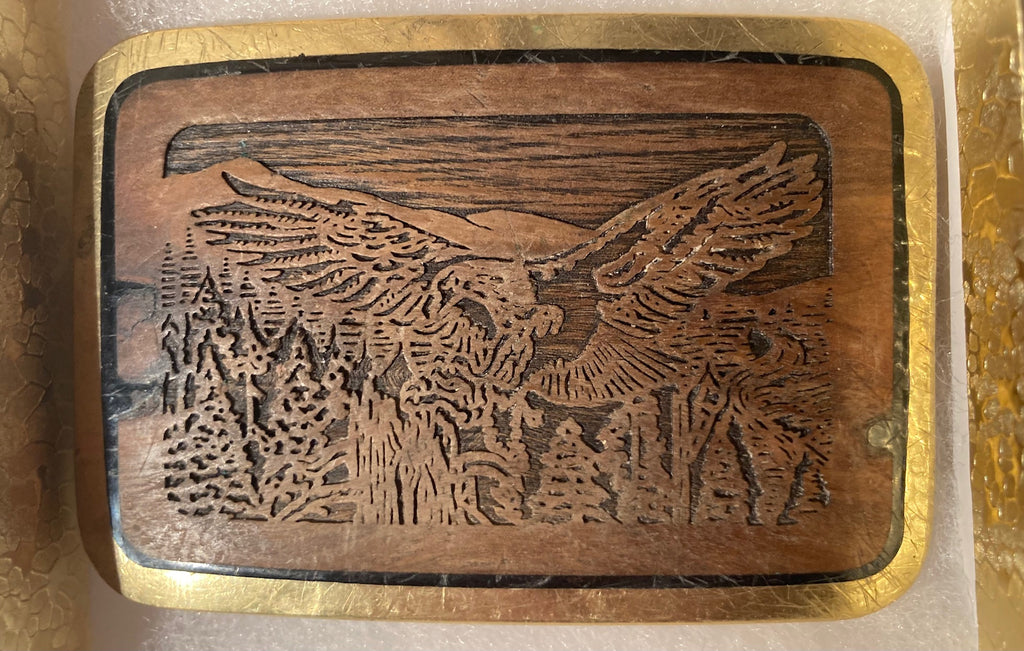Vintage Metal Belt Buckle, Brass and Wood, Eagle, Nature, Wildlife, Nice Western Style Design, 3 1/4" x 2 1/4", Heavy Duty, Quality, Made in USA, Thick Metal, For Belts, Fashion, Shelf Display, Western Wear, Southwest, Country, Fun, Nice