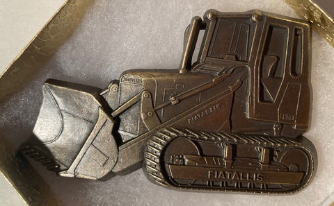 Vintage Metal Belt Buckle, Track Loader, Front End Loader, Fiatallis, Nice Western Style Design, 3 1/2" x 2", Heavy Duty, Quality, Made in USA, Thick Metal, For Belts, Fashion, Shelf Display, Western Wear, Southwest, Country, Fun, Nice