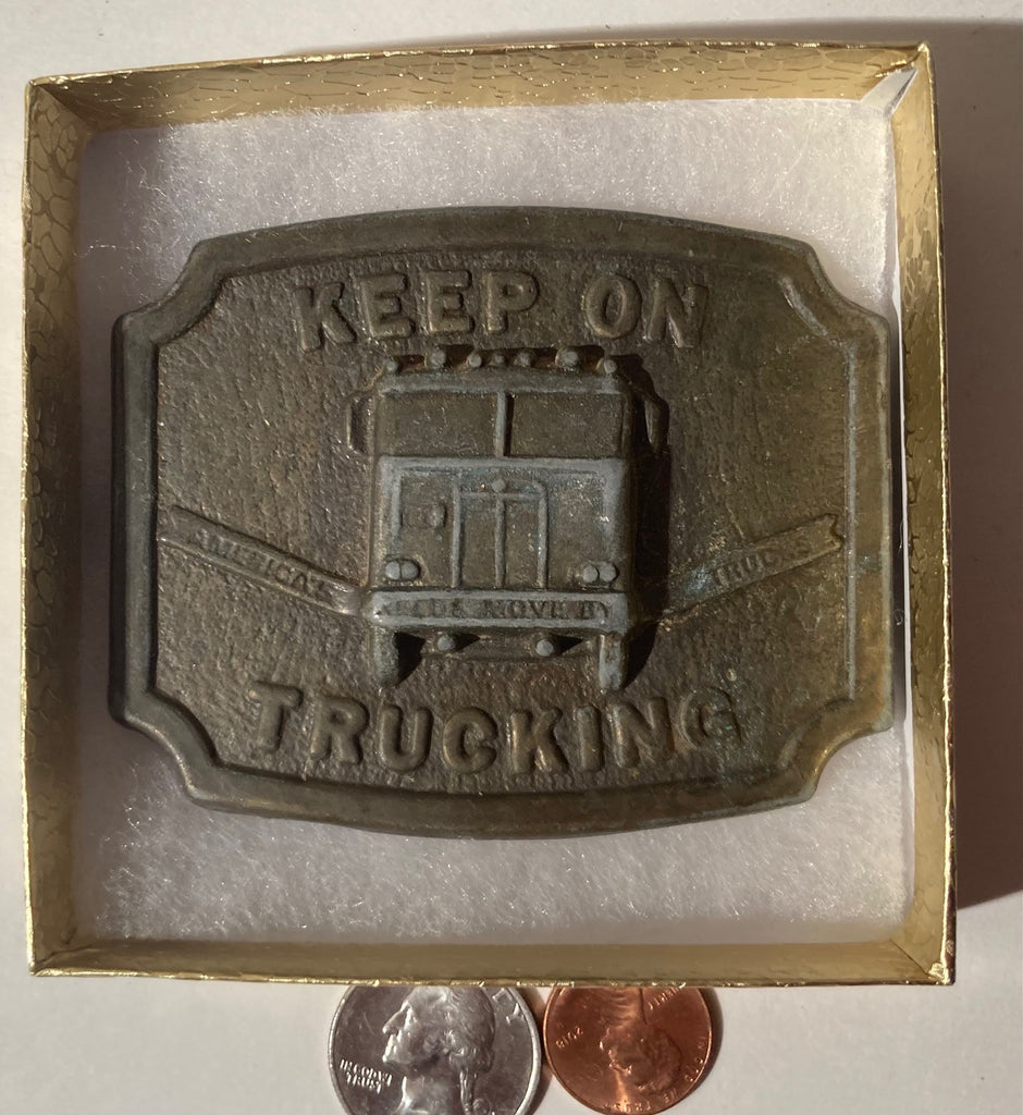 Vintage Metal Belt Buckle, Brass, Keep On Trucking,