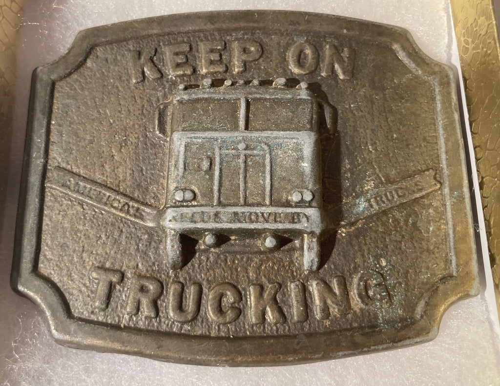 Vintage Metal Belt Buckle, Brass, Keep On Trucking,