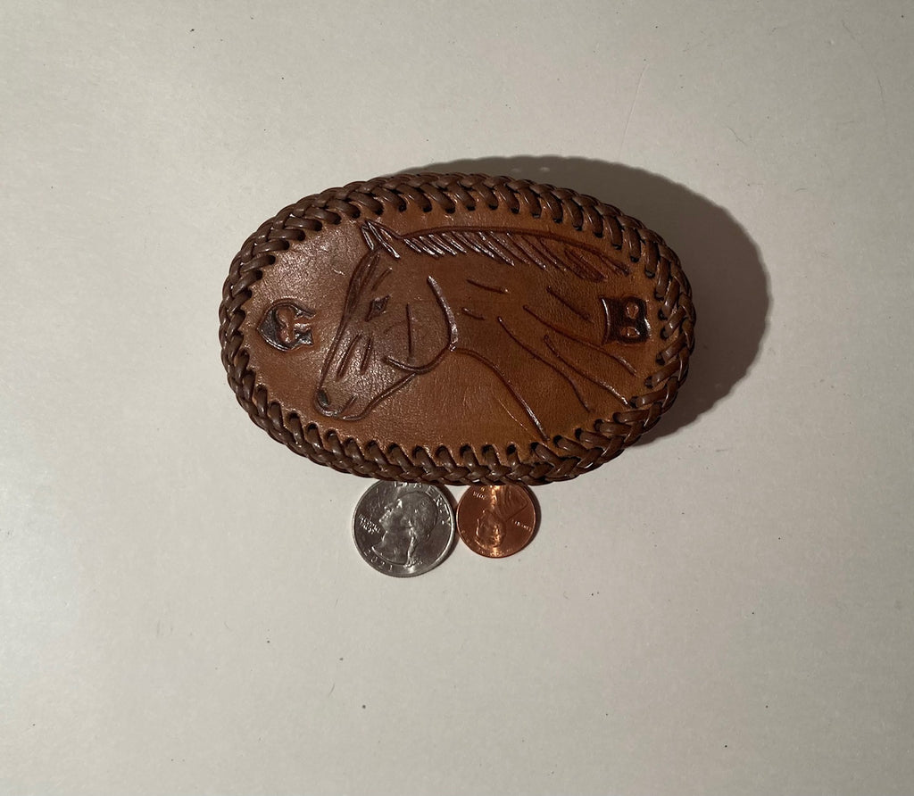 Vintage Metal Belt Buckle, Leather, Hand Crafted, Horse, CB, Nice Western Style Design, 4 1/4" x 2 3/4", Heavy Duty, Quality, Made in USA, Thick Metal, For Belts, Fashion, Shelf Display, Western Wear, Southwest, Country, Fun, Nice