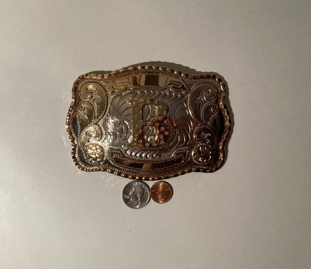 Vintage Metal Belt Buckle, Big Size, Letter B, Initial B, Nice Western Style Design, 5 1/2" x 4", Heavy Duty, Quality, Made in USA, Thick Metal, For Belts, Fashion, Shelf Display, Western Wear, Southwest, Country, Fun, Nice