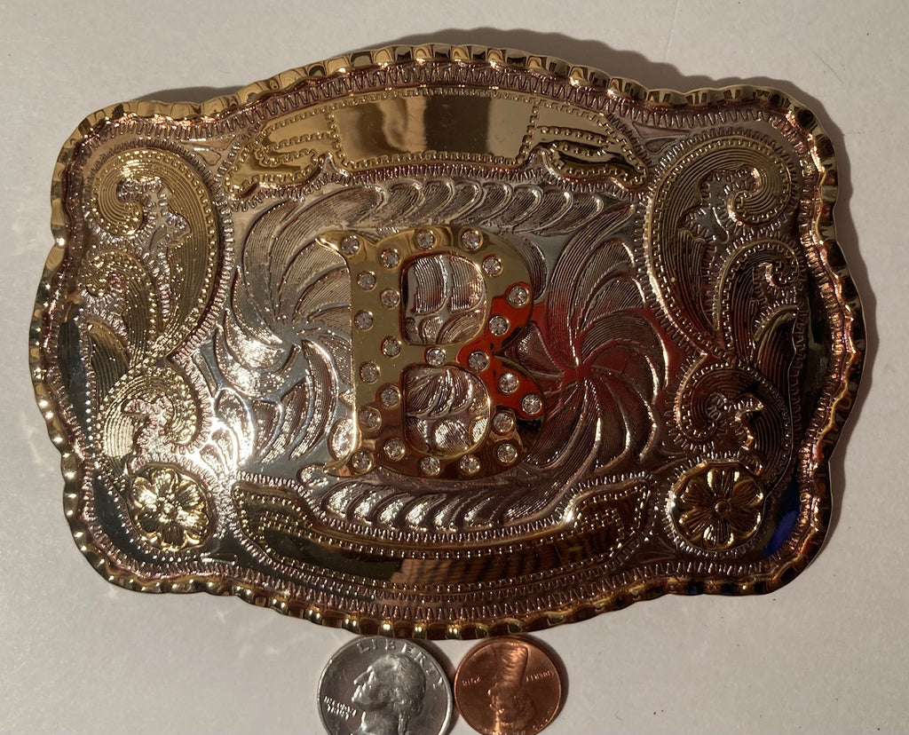 Vintage Metal Belt Buckle, Big Size, Letter B, Initial B, Nice Western Style Design, 5 1/2" x 4", Heavy Duty, Quality, Made in USA, Thick Metal, For Belts, Fashion, Shelf Display, Western Wear, Southwest, Country, Fun, Nice