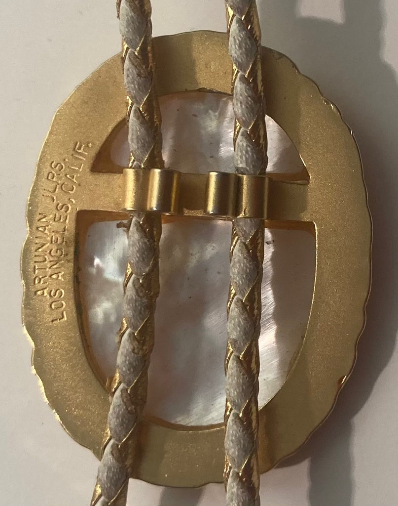 Vintage Metal Bolo Tie, Brass, Mother of Pearl, Sparkly Stones