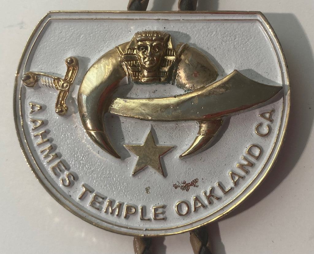 Vintage 1987 Metal Bolo Tie, Brass, Masons, Masonic, Aahmes Temple, Oakland, California, 2 1/2" x 2", Nice Western Design, Quality, Heavy Duty, Made in USA, Country & Western, Cowboy, Western Wear, Horse, Apparel, Accessory, Tie, Nice Quality Fashion