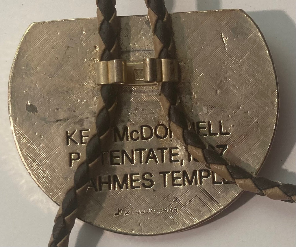 Vintage 1987 Metal Bolo Tie, Brass, Masons, Masonic, Aahmes Temple, Oakland, California, 2 1/2" x 2", Nice Western Design, Quality, Heavy Duty, Made in USA, Country & Western, Cowboy, Western Wear, Horse, Apparel, Accessory, Tie, Nice Quality Fashion