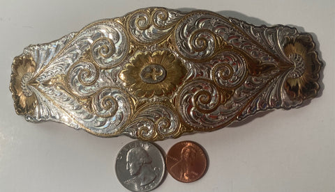 Vintage Metal Belt Buckle, Silver and Brass, Crumrine, Long, 6" x 2 1/2", Heavy Duty, Quality, Thick Metal, Made in USA, For Belts, Fashion, Shelf Display, Western Wear, Southwest, Country, Fun, Nice,