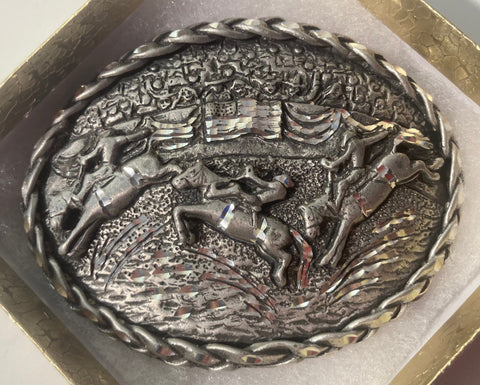 Vintage 1992 Metal Belt Buckle, Bull Riding, Cowboy, Rodeo, 3 1/2" x 2 3/4", Heavy Duty, Quality, Thick Metal, Made in USA, For Belts, Fashion, Shelf Display, Western Wear, Southwest, Country, Fun, Nice,