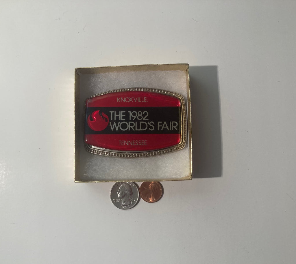 Vintage Metal Belt Buckle, The 1982 World's Fair, Knoxville, Tennessee, 3 1/2" x 2 1/4", Heavy Duty, Quality, Thick Metal, Made in USA, For Belts, Fashion, Shelf Display, Western Wear, Southwest, Country, Fun, Nice,