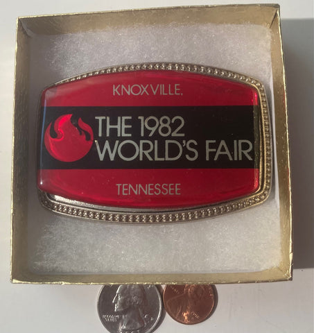 Vintage Metal Belt Buckle, The 1982 World's Fair, Knoxville, Tennessee, 3 1/2" x 2 1/4", Heavy Duty, Quality, Thick Metal, Made in USA, For Belts, Fashion, Shelf Display, Western Wear, Southwest, Country, Fun, Nice,