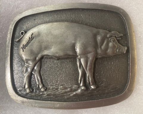 Vintage Metal Belt Buckle, PIG Symposium, Progressive Innovative Grower, 2 1/2" x 2", Heavy Duty, Quality, Thick Metal, Made in USA, For Belts, Fashion, Shelf Display, Western Wear, Southwest, Country, Fun, Nice