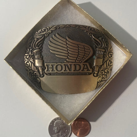 Vintage Metal Belt Buckle, Brass, Honda, Motorcycle, Room for Engraving, 3 3/4" x 2 3/4", Heavy Duty, Quality, Thick Metal, Made in USA, For Belts, Fashion, Shelf Display, Western Wear, Southwest, Country, Fun, Nice,