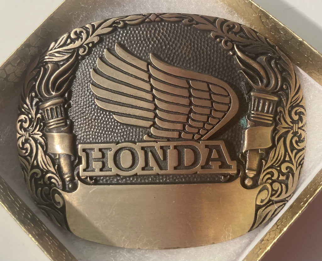 Vintage Metal Belt Buckle, Brass, Honda, Motorcycle, Room for Engraving, 3 3/4" x 2 3/4", Heavy Duty, Quality, Thick Metal, Made in USA, For Belts, Fashion, Shelf Display, Western Wear, Southwest, Country, Fun, Nice,