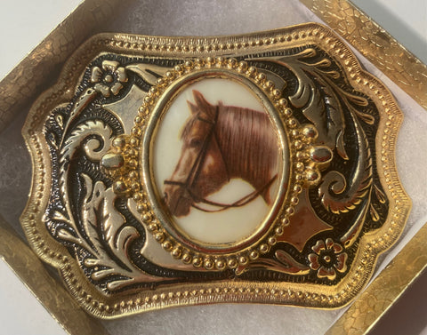 Vintage Metal Belt Buckle, Horse, Cowboy, 3 3/4" x 2 1/2", Heavy Duty, Quality, Thick Metal, Made in USA, For Belts, Fashion, Shelf Display, Western Wear, Southwest, Country, Fun, Nice,