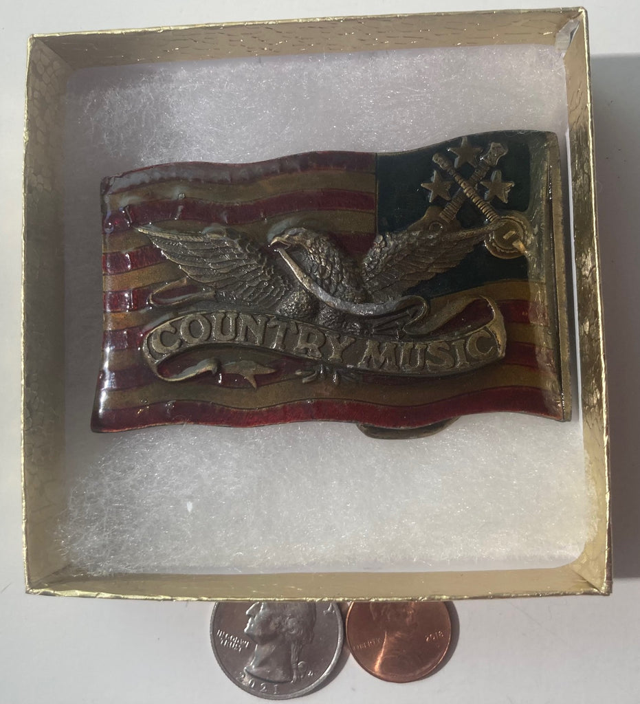 Vintage 1977 Metal Belt Buckle, Brass and Enamel, Country Music, American Flag, 3" x 2", Heavy Duty, Quality, Thick Metal, Made in USA, For Belts, Fashion, Shelf Display, Western Wear, Southwest, Country, Fun, Nice,