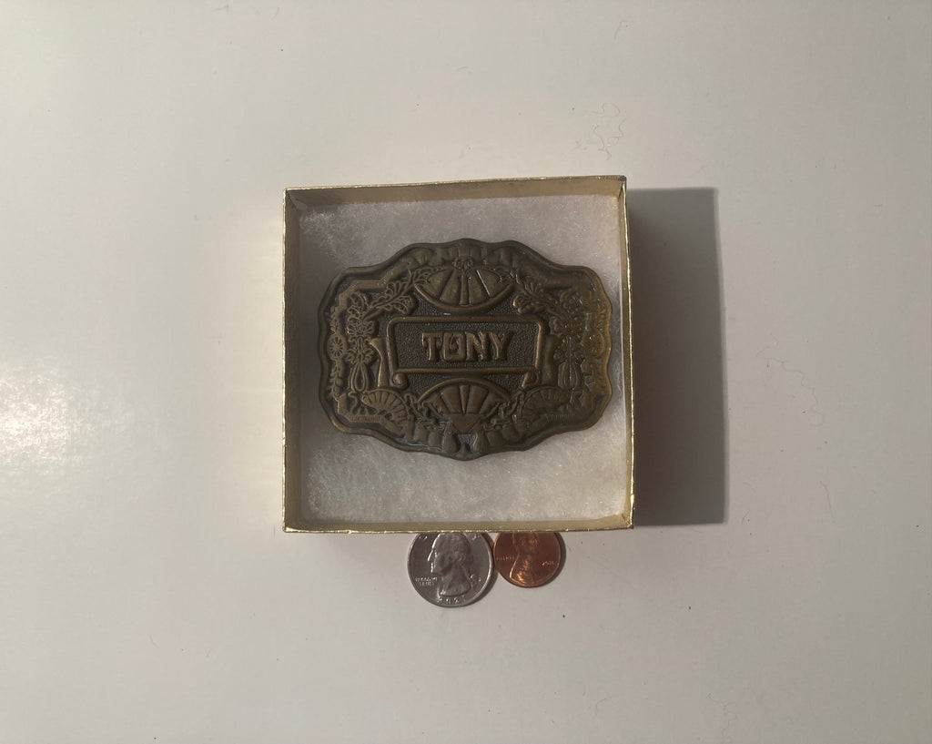 Vintage Metal Belt Buckle, Tony, Anthony, 3 1/4" x 2 1/2", Heavy Duty, Quality, Thick Metal, Made in USA, For Belts, Fashion, Shelf Display, Western Wear, Southwest, Country, Fun