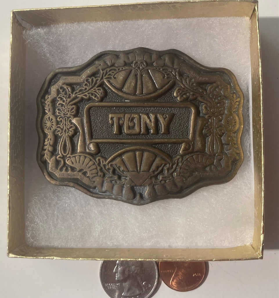 Vintage Metal Belt Buckle, Tony, Anthony, 3 1/4" x 2 1/2", Heavy Duty, Quality, Thick Metal, Made in USA, For Belts, Fashion, Shelf Display, Western Wear, Southwest, Country, Fun