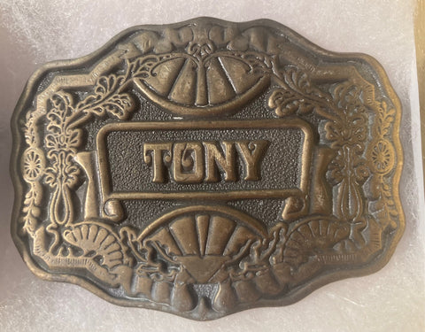 Vintage Metal Belt Buckle, Tony, Anthony, 3 1/4" x 2 1/2", Heavy Duty, Quality, Thick Metal, Made in USA, For Belts, Fashion, Shelf Display, Western Wear, Southwest, Country, Fun