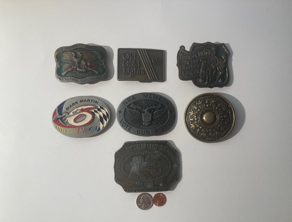 Vintage Lot of 7 Belt Buckles, Cowboys Stay in the Saddle Longer, and More, Country & Western, Art, Resell, For Belts, Fashion, Shelf Display, Nice Belt Buckles, Wholesale,