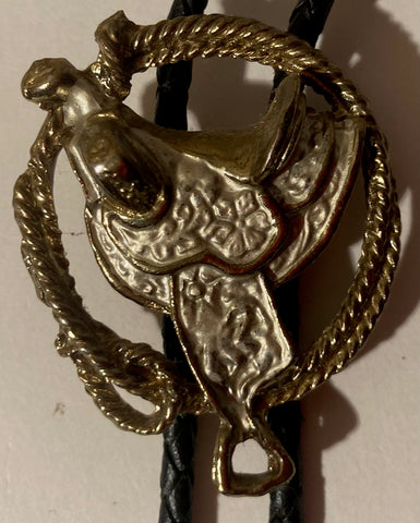 Vintage Metal Bolo Tie, Silver and Brass Horse Saddle Design, 2" x 1 1/2", Nice Western Design, Quality, Heavy Duty, Made in USA, Country & Western, Cowboy, Western Wear, Horse, Apparel, Accessory, Tie, Nice Quality Fashion