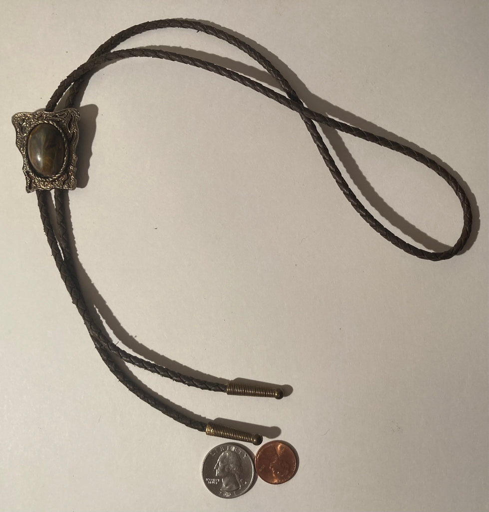 Vintage Metal Bolo Tie, Brass, Nice Brown Swirl Style Stone Design, 2" x 1 1/4", Nice Western Design, Quality, Heavy Duty, Made in USA, Country & Western, Cowboy, Western Wear, Horse, Apparel, Accessory, Tie, Nice Quality Fashion