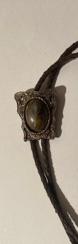 Vintage Metal Bolo Tie, Brass, Nice Brown Swirl Style Stone Design, 2" x 1 1/4", Nice Western Design, Quality, Heavy Duty, Made in USA, Country & Western, Cowboy, Western Wear, Horse, Apparel, Accessory, Tie, Nice Quality Fashion